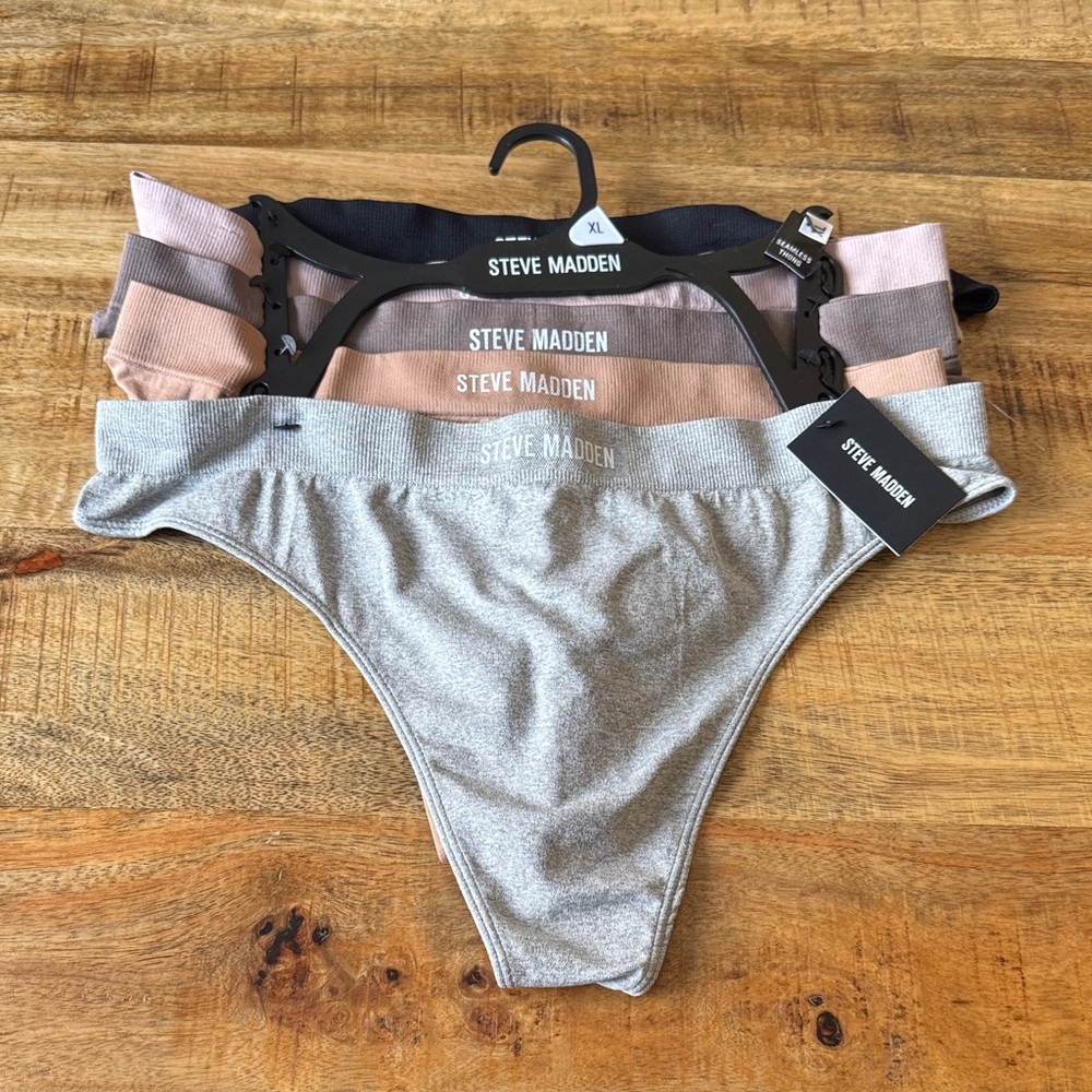 Steve Madden Women's seamless thong Panty Set of 5 - Black, Tan, Gray XL NWT